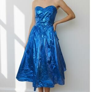 Vintage 1980s Zum Zum Blue Metallic Strapless Party Dress Bow Prom